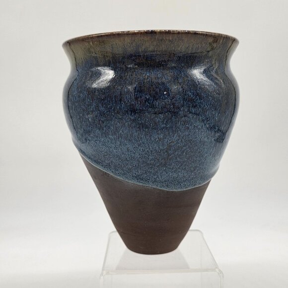 Handcrafted Two-Tone Ceramic Vase With Blue Textured Glaze & Brown Matte Finish - Picture 4 of 10